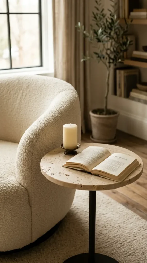 13 Comfy Reading Chair Oversized Cream Swivel Plush Living Room 5 5. Round Side Table at Chair Height With a Single Candle and Book