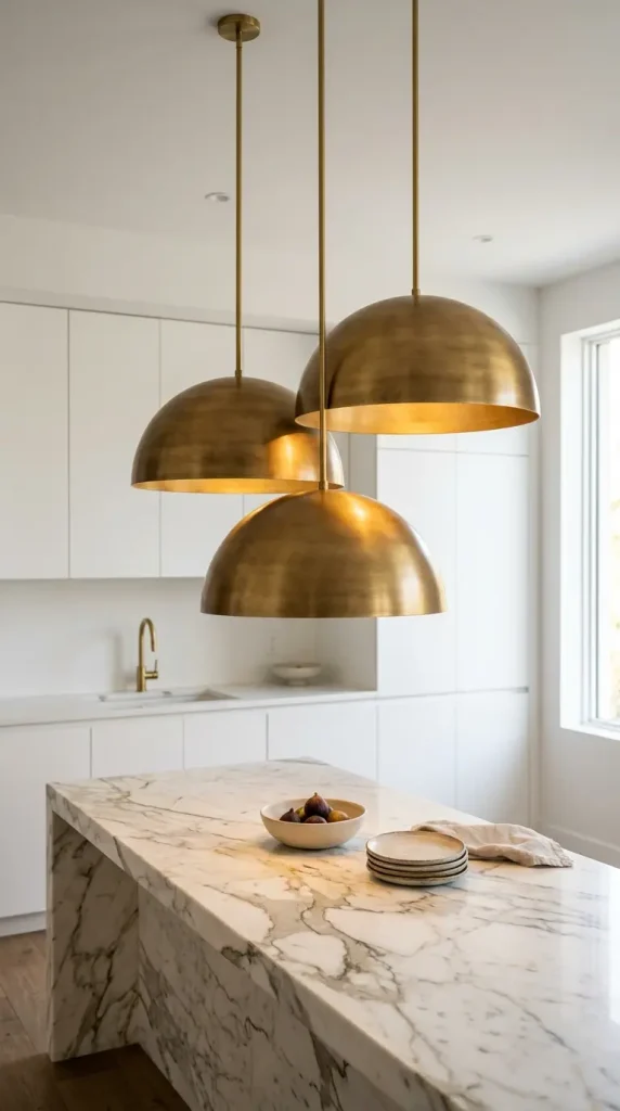 16 Minimalist Luxury Kitchen Sculptural Island Calacatta Stone Brass 5 5. Sculptural Brass Pendant Cluster Above the Island