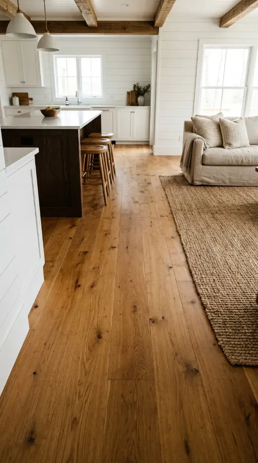 30 Modern Farmhouse Interior Design Seamless Floor Open Plan 5 5. Seamless Floor Transition — Kitchen to Living Without Interruption