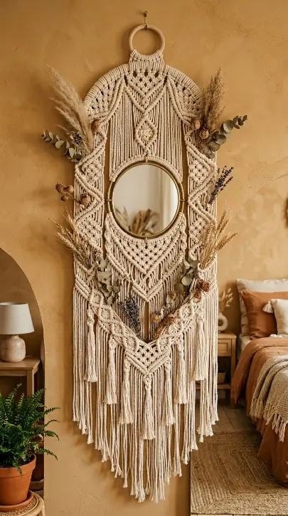13 Decorated Mirror Boho Macrame DIY Bedroom Earthy Wall 5 5. Small Round Mirror Suspended Inside a Macrame Wall Hanger