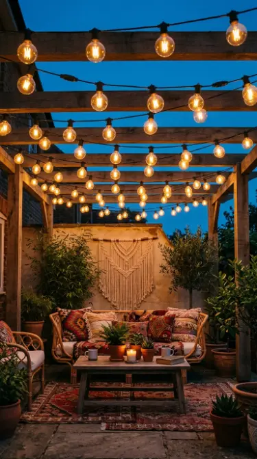 28 Outdoor Patio Ideas for a Boho Layered Living Room 5 5. String Lights Overhead as the Boho Patio Canopy