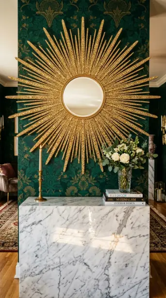 20 Bedazzled Mirror Disco Ball Living Room Maximalist Wall 5 5. Sunburst Mirror Wall Fully Bedazzled in Gold Rhinestones