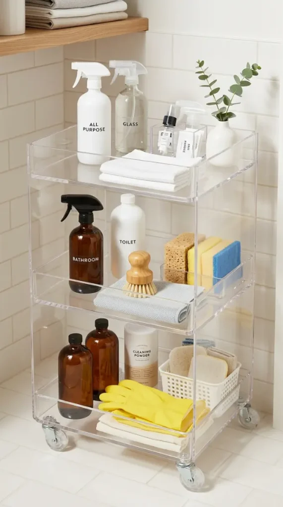 27 Cleaning Closet Organization Tiered Rolling Cart Ideas 5 5. The Acrylic Clear Rolling Cart — See-Everything Organization
