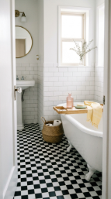 24 Small Bathroom Decor with Bathtub Caddies Vintage Pastel 5 5. The Checkerboard Floor and Pastel Caddy — Classic Mid-Century Flooring