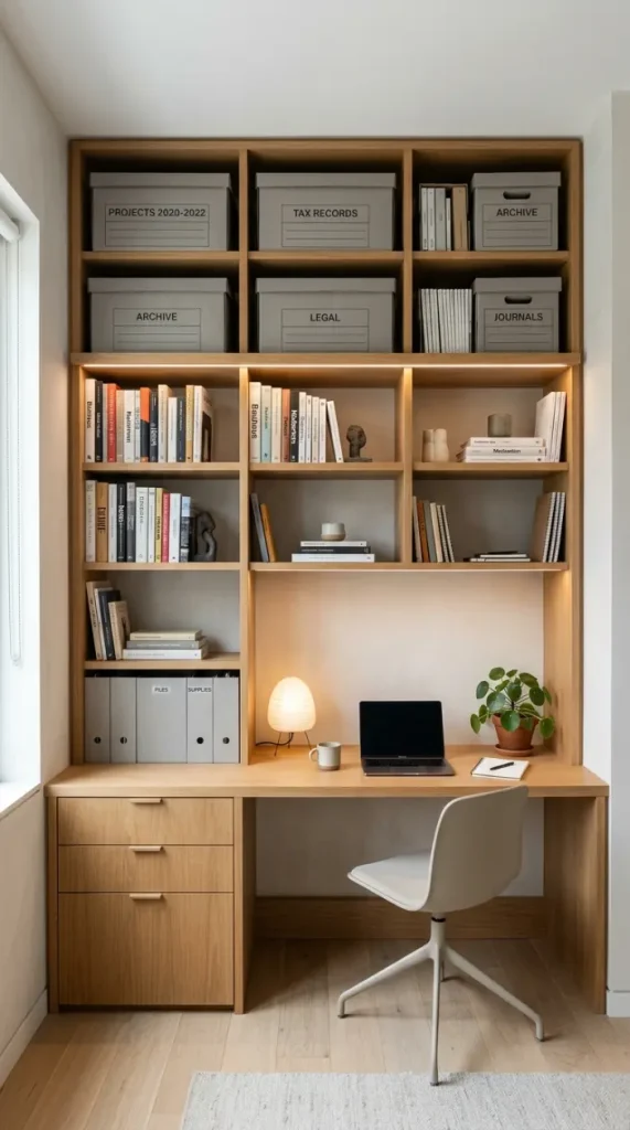 22 Home Office Inspiration Built-In Alcove Maximized 5 5. The Floor-to-Ceiling Vertical Zoning System — Three-Tier Functional Organization