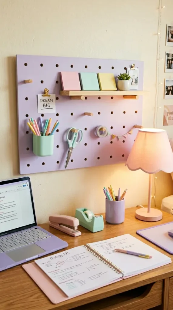 24 College Bedroom Ideas Pastel Girly Aesthetic Dreamy Style 5 5. The Pastel Desk Setup with Pegboard Organizer — Functional Study Cuteness