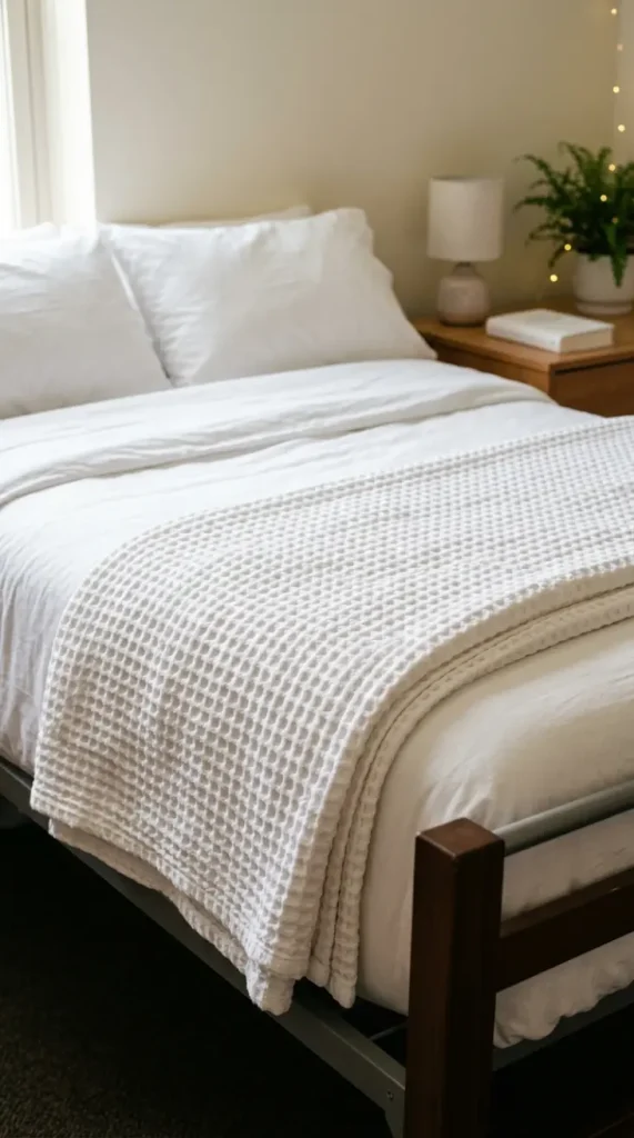 24 Dorm Bedding Ideas Clean White Minimal Luxe Hotel Style 5 5. The Waffle Weave Texture Layer — Dimensional Surface Without Color