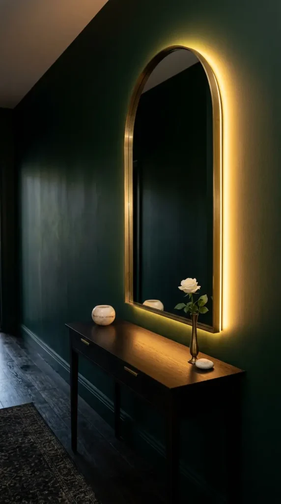 12 Hallway Mirror Ideas Arch LED Backlit Dark Luxury 5 5. Use a Brass Framed Arch LED Backlit Mirror on Dark Green Walls