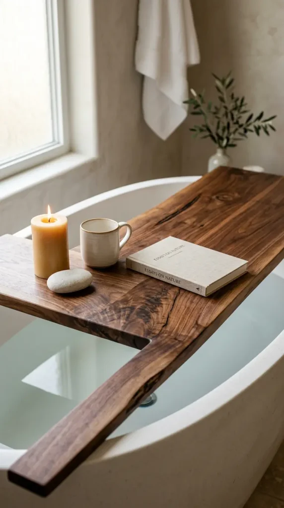 18 Bath Tub Decor Ideas Freestanding Tray Quiet Luxury 5 5. Use a Walnut Bath Tray for a Deeper Richer Quiet Luxury Tone
