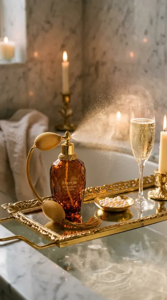 6 Luxury Bathtub Decor Ideas With an Old Hollywood Gold Tray 5 5. Vintage Glass Perfume Atomizer as a Glamour Object