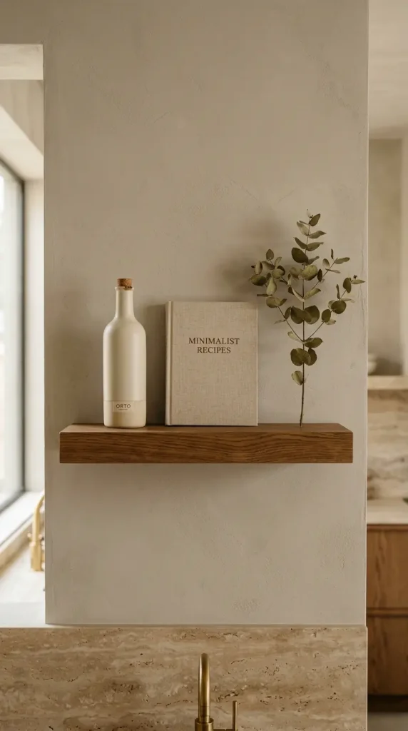 11 Minimalist Luxury Kitchen Quiet Luxury Greige Travertine Warm 5 5. Warm Oak Open Shelf With Three Edited Objects