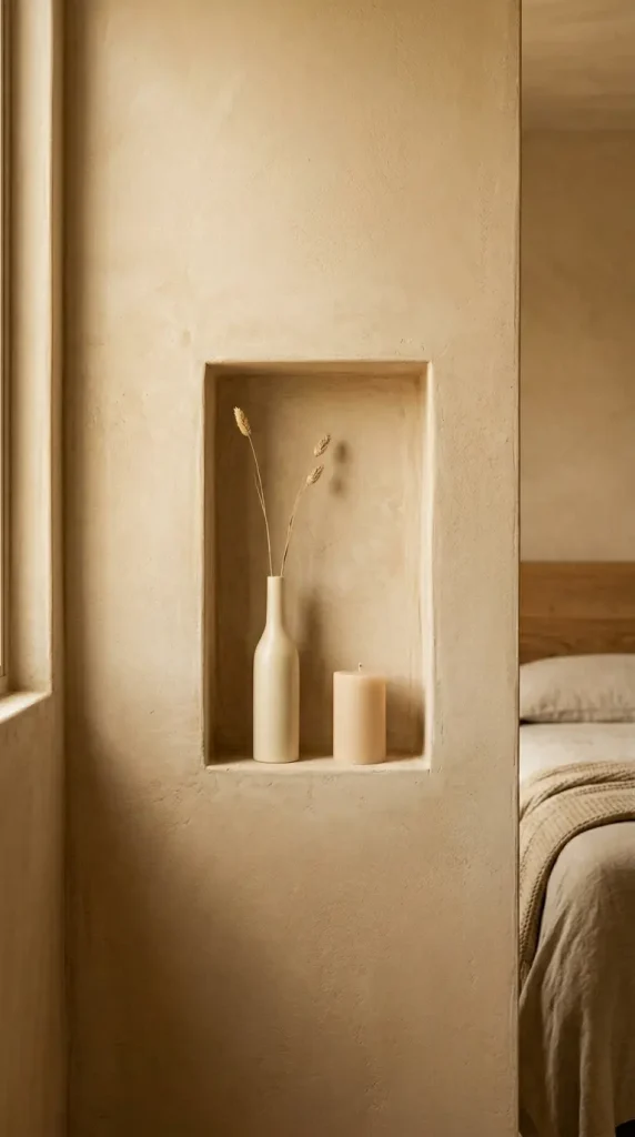 16 Minimalist Luxury Bedroom Quiet Luxury Linen Neutral Warm 5 5. Warm Plaster Bedside Wall Niche With Recessed Shelf