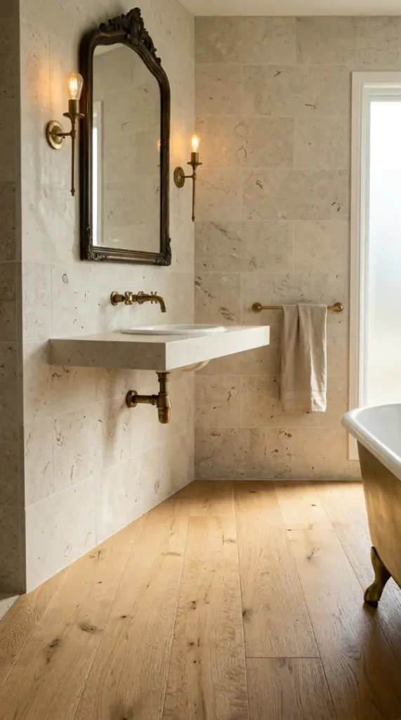 26 Light Wood Flooring for Farmhouse Wire-Brushed Oak Bath 5 5. Wire-Brushed Oak Floor With Limestone Walls and Aged Brass