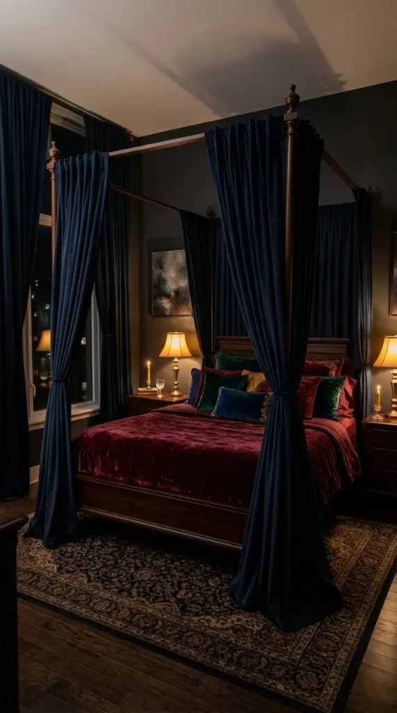 20 Vintage Home Aesthetic Glamouratti Moody Apartment 6 6. A Four Poster or Canopied Bed as the Bedrooms Dramatic Center