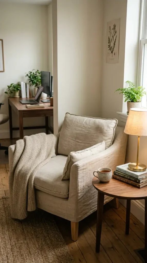 26 Cozy Home Office Warm Wood Linen Neutral Style Ideas 6 6. A Reading Nook Corner to Separate Working From Resting