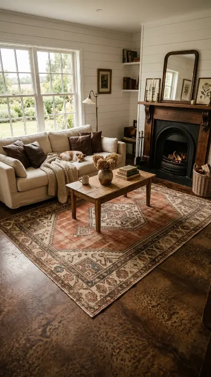 9 Affordable Farmhouse Flooring Ideas Stained Concrete 6 6. Add a Vintage Rug Over the Stained Concrete for the Complete Farmhouse Layer