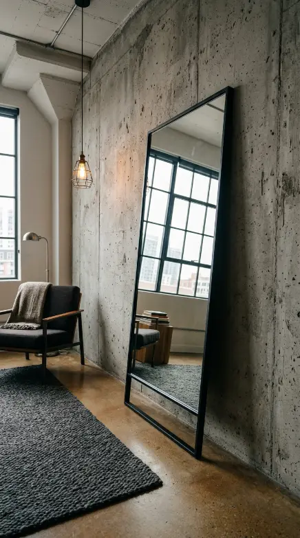 25 Full Length Mirror Living Room Slim Black Frame Minimal 6 6. Against Exposed Concrete for an Industrial Minimal Look