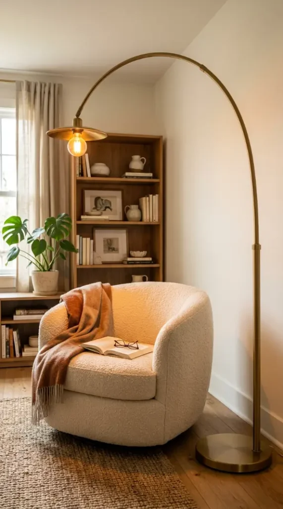 13 Comfy Reading Chair Oversized Cream Swivel Plush Living Room 6 6. Arc Floor Lamp Behind the Chair in Brushed Brass