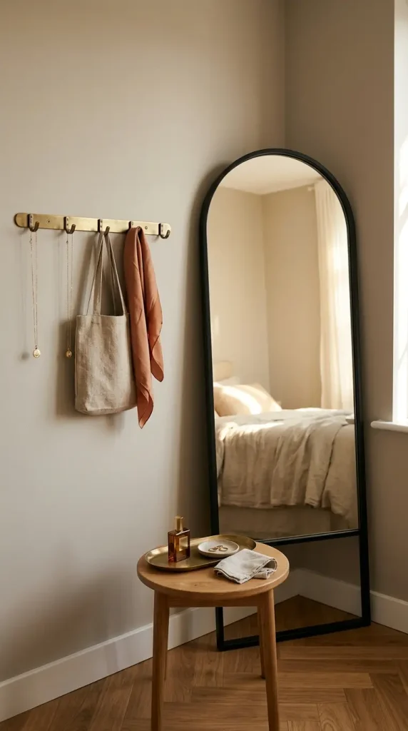 14 Big Mirror in Bedroom Leaning Arch Black Frame Greige 6 6. Arch Mirror Leaned in the Greige Dressing Corner With Jewellery Hooks