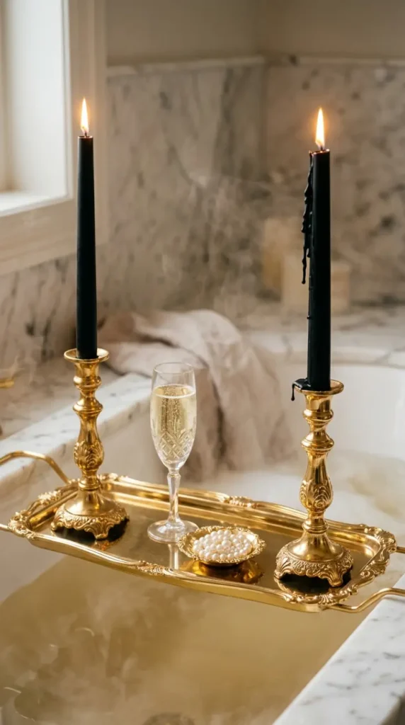 6 Luxury Bathtub Decor Ideas With an Old Hollywood Gold Tray 6 6. Black Taper Candles in Tall Gold Candlesticks