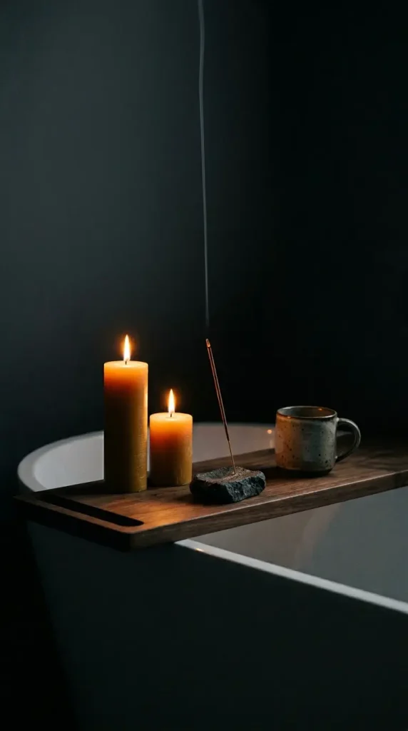 15 Bath Tub Decor Ideas Dark Moody Candlelit Night Soak 6 6. Burn Dark Incense Alongside the Bath Candles for a Layered Sensory Night Soak