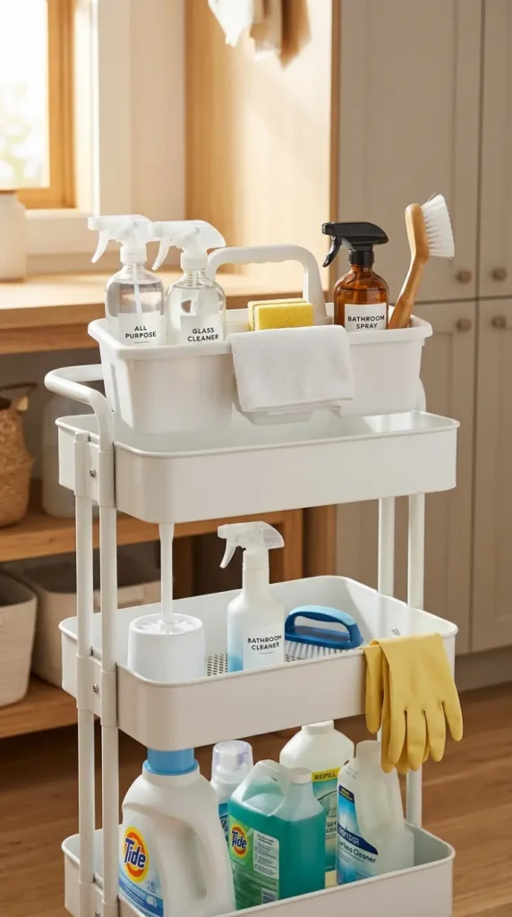 27 Cleaning Closet Organization Tiered Rolling Cart Ideas 6 6. Caddy-Within-Cart System — The Portable Inner Kit