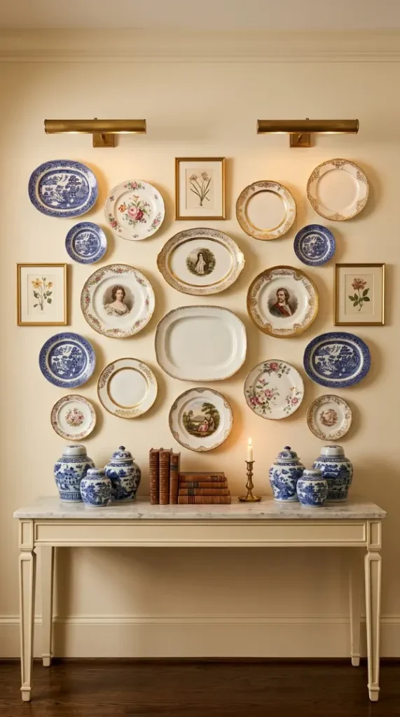 18 Console Table Decor Maximalist Gallery Wall Picture Lights 6 6. Console with Plate Wall and Picture Lights
