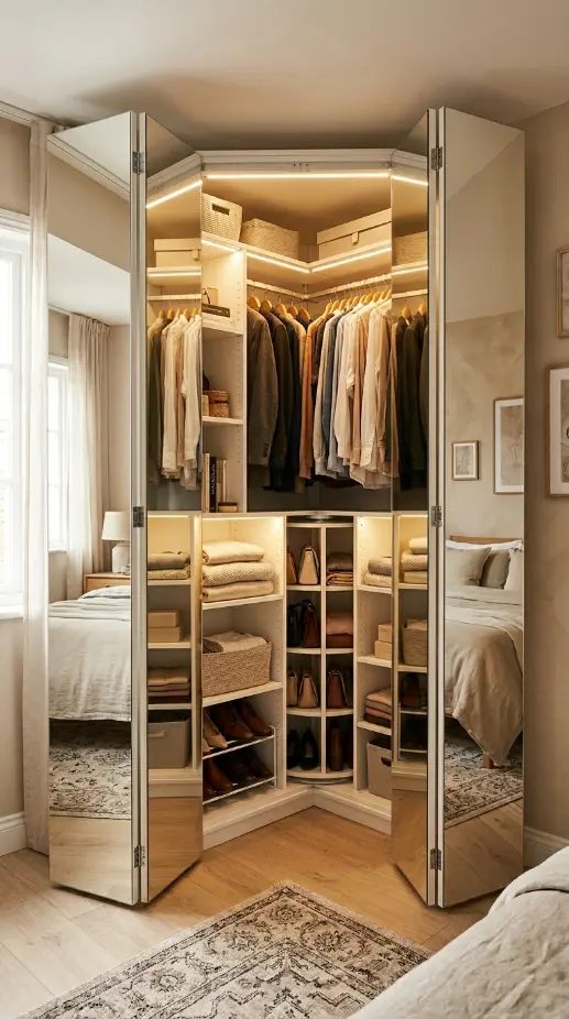 26 Smart Storage Closet Ideas Corner Diagonal Closet 6 6. Corner Diagonal Wardrobe — Bifold Doors Solution