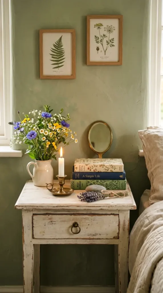 32 Cute Room Ideas for a Dreamy Cottagecore Bedroom 6 6. Cottagecore Bedside Table Vignette