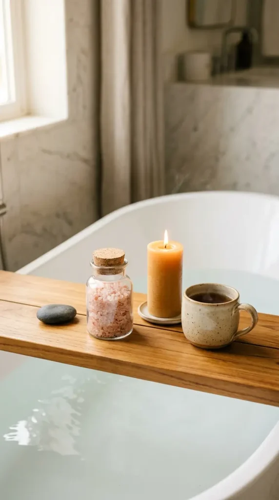 18 Bath Tub Decor Ideas Freestanding Tray Quiet Luxury 6 6. Create a Tray With a Small Linen Roll of Bath Salts