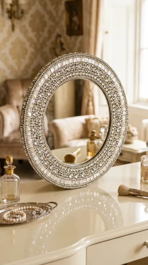 16 Bedazzled Mirror Vanity Crystal Old Hollywood Glam Decor 6 6. Crystal Bedazzled Mirror With Mother of Pearl Inlay Accents