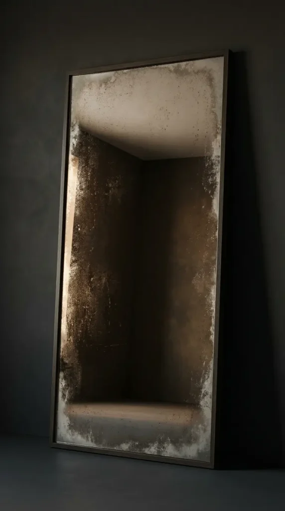 13 Minimalist Luxury Bedroom Dark Moody Charcoal Dramatic Calm 6 6. Dark Bedroom With a Tall Leaning Antiqued Mirror