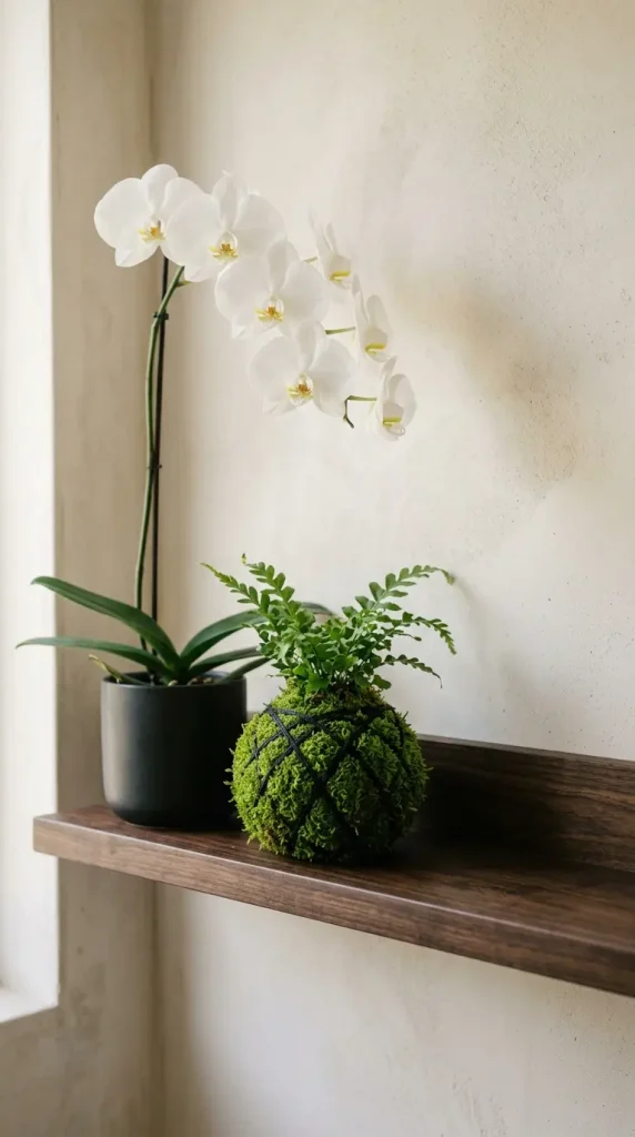 26 Bathroom Shelf Plants Decor Japandi Orchid Minimal 6 6. Dark Shelf with Orchid and Living Moss Ball