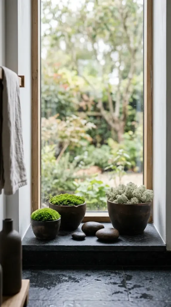 30 Bathroom Plants Decor Japandi Minimal Hinoki Tub Style 6 6. Dark Stone Windowsill with Moss and Stone Composition