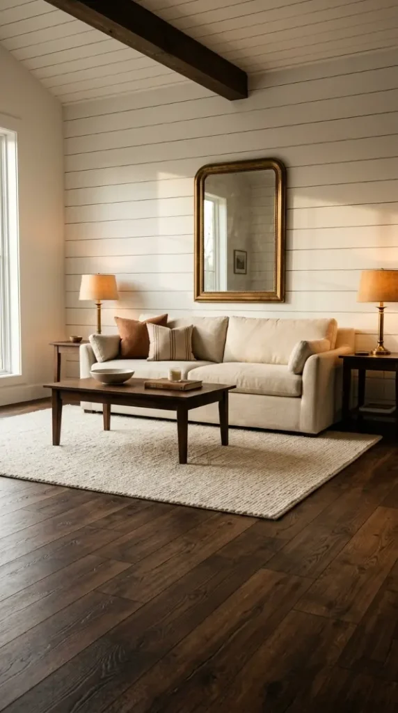 25 Affordable Farmhouse Flooring Ideas Budget Laminate Wood 6 6. Dark Walnut Laminate for a Moody Farmhouse Interior