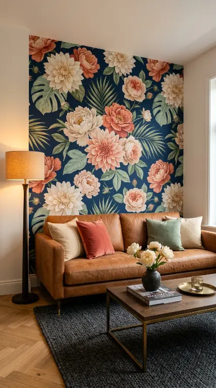 15 Vibrant Floral Wallpaper Accent Wall Room Decor 6 6. Deep Navy Maximalist Floral Accent Wall in the Living Room