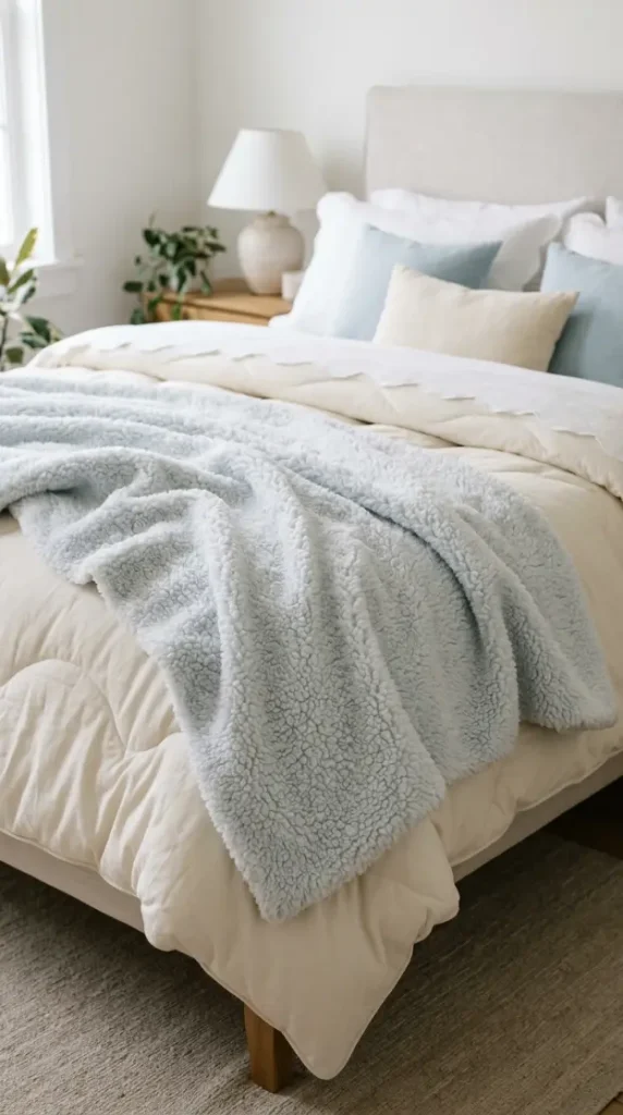 10 Cute Bedding Ideas Pastel Cloud Dreamy Bedroom Style 6 6. Deep-Pile Sherpa Throw in the Palest Powder Blue