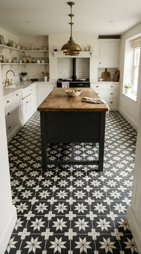 26 Kitchen Flooring Ideas for Farmhouse Black White Encaustic 6 6. Encaustic Floor Running Under a Central Kitchen Island