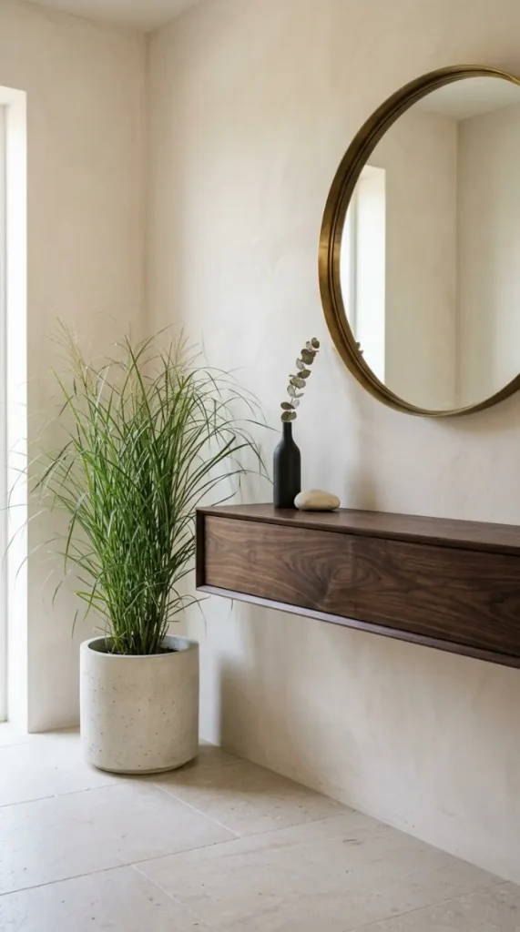31 Entryway Console Table Ideas Modern Minimal Floating 6 6. Floating Console With Single Architectural Plant