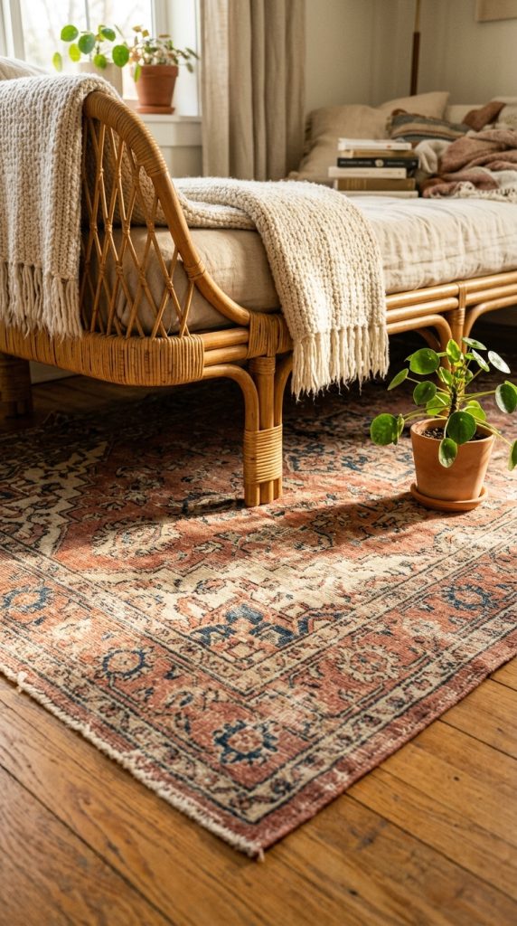 10 Chaise Lounge Reading Nook Rattan Daybed Boho Sunlit Nook 6 6. Ground the Nook With a Faded Vintage Persian Rug