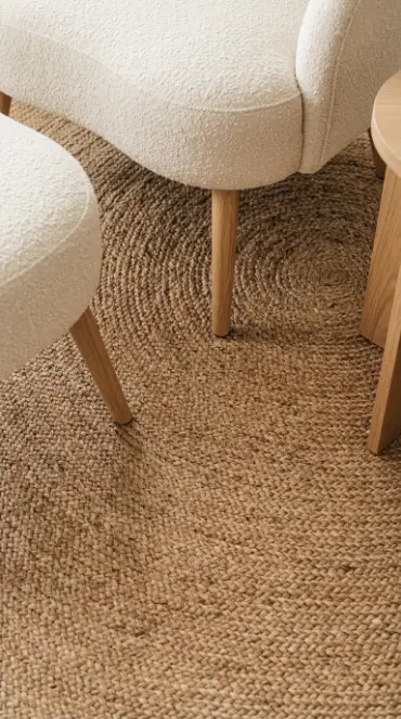 8 Chaise Lounge Reading Nook Bouclé Built-In Bookshelf Nook 6 6. Ground the Nook With a Natural Jute or Wool Area Rug