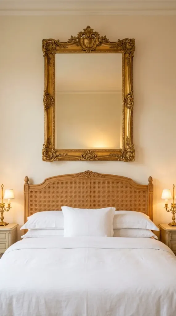 14 Vintage Bedroom Ideas Cane Rattan European Elegant 6 6. Hang a Gilded Antique Mirror Above the Cane Headboard