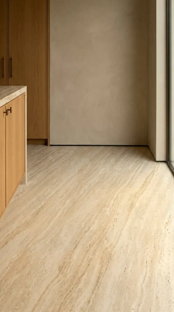 11 Minimalist Luxury Kitchen Quiet Luxury Greige Travertine Warm 6 6. Honed Travertine Floor Meeting Greige Plaster Walls