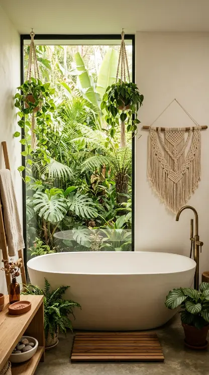 17 Indoor Outdoor Living Boho Macramé Jungle Garden View 6 6. Jungle Bathroom With Macramé and Open Garden Wall