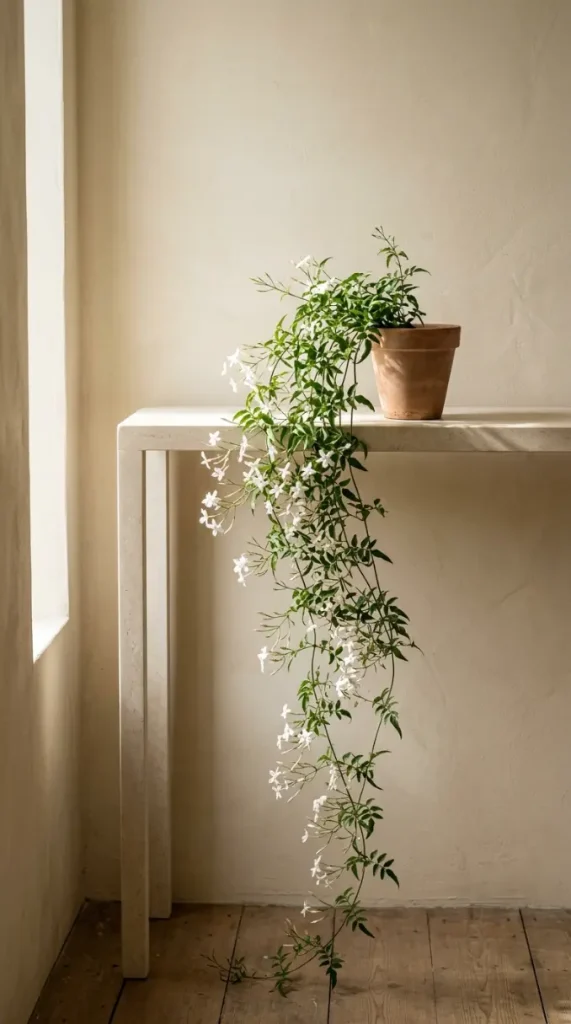 17 Flower Aesthetic Home Decor Entryway Console Quiet Luxury 6 6. Limestone Console With a Cascading Jasmine Vine