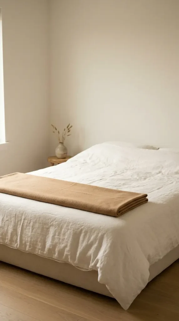 16 Minimalist Luxury Bedroom Quiet Luxury Linen Neutral Warm 6 6. Low Bed With a Cashmere Throw Folded at the Foot