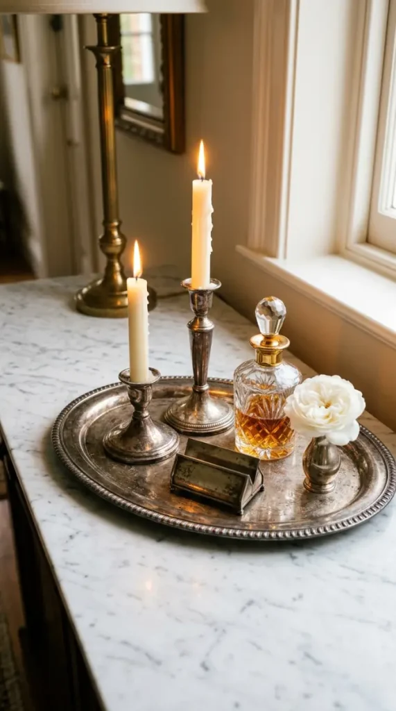 26 Entryway Console Table Ideas Traditional Marble Top 6 6. Marble Top Console Tray Styling — Silver, Candles, and Perfume