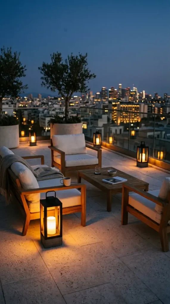 26 Minimal Outdoor Living Space Design for a Rooftop Terrace 6 6. Minimal Rooftop Lighting — Warm Floor Level