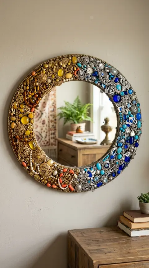 13 Bedazzled Mirror Vintage Jewelry DIY Eclectic Bedroom 6 6. Mirror Bedazzled With Jewelry in a Loosely Organized Color Wash