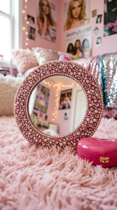 12 Bedazzled Mirror Y2K Rhinestone DIY Pink Glam Bedroom 6 6. Mirror Bedazzled With Mixed Pink Rhinestones and Pearl Beads